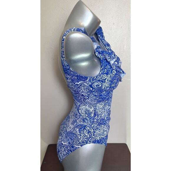 LRL Ralph Lauren One Piece Swimsuit Sz 4 Blue White Underwire Ruffle Womens NEW - Picture 4 of 8
